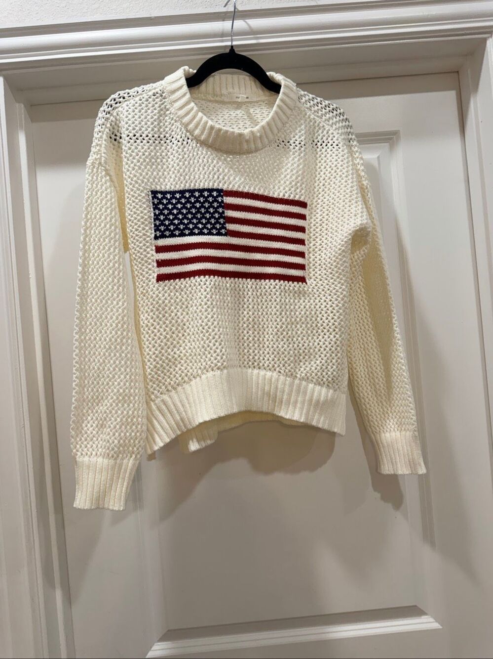 Maurices Cream American Flag Open Stitch Sweater Small S Knit Patchwork Pullover